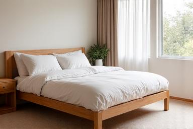 Tasmanian Oak Bedframe with subtle curves in a bedroom
